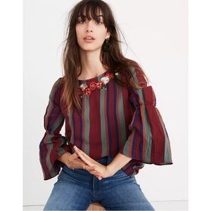 Madewell Embroidered Pleat-Sleeve Top in Rosalinda Stripe XS